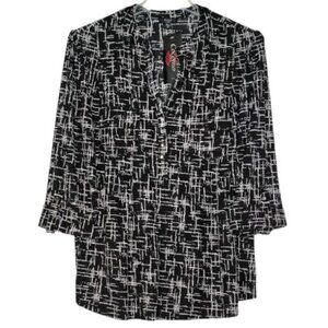 NWT Cocomo Plus Size 3X Black & White Geo Print Pintuck 3/4 Sleeve Top